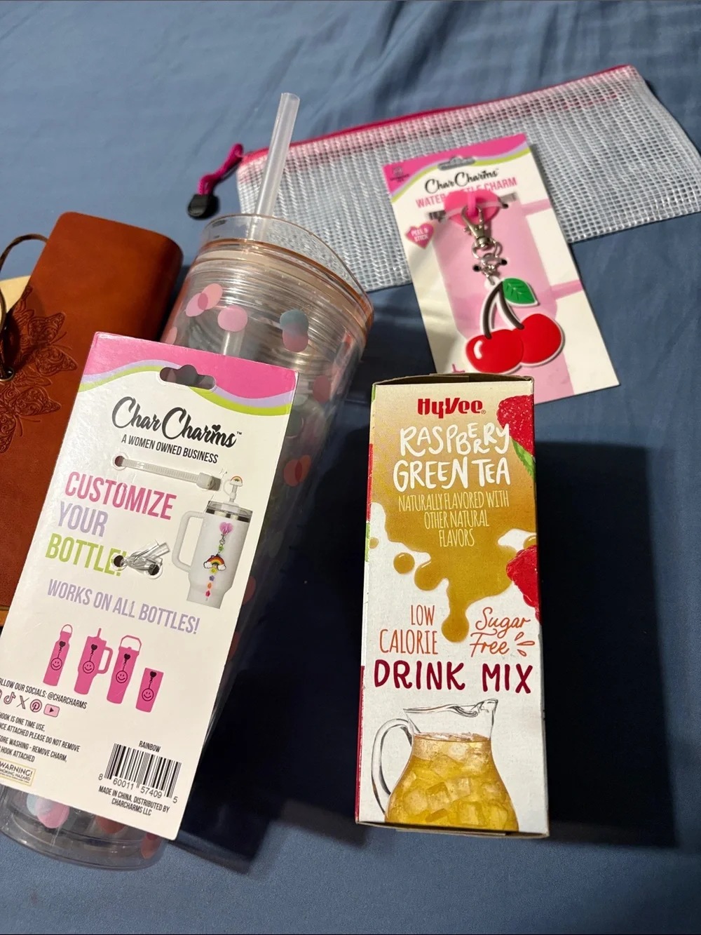Reusable Pink Polka Dot Travel Tumbler with charms to decorate cup, journal